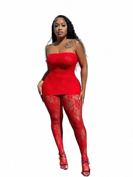 Joskaa San Valentino vestito per le donne Black Red Lace Baddie 2 pezzi Set Outfit 2023 Capodanno sexy Leggings Club Party Outfit A0iw #