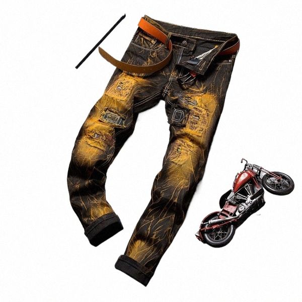 Calças de brim dos homens streetwear buracos retro fino em linha reta rasgado jeans fi comprimento total calças jeans tendência casual moto biker calças q635 #