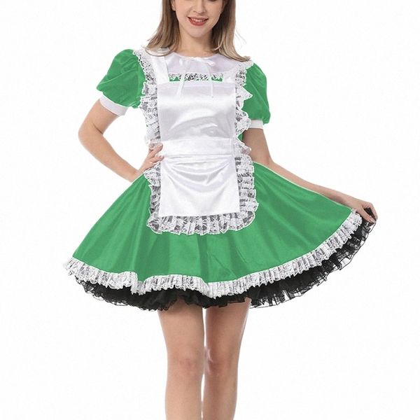 Sissy Satin manica corta A-line Lolita Maid Dr Evening Party Princ Peter Pan Collare Apr Maid Skater Dr Fancy Cosplay 86mV #
