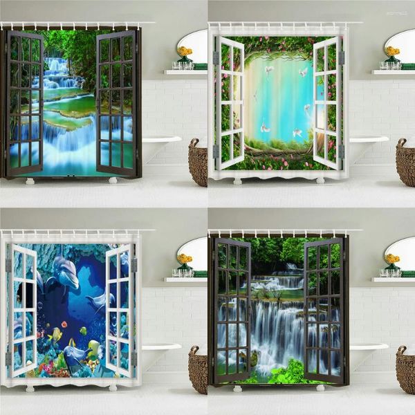 Cortinas de chuveiro todos os tipos de janelas de cenário 3D decoração de casa banho com ganchos 240x180cm tecido lavável à prova d'água