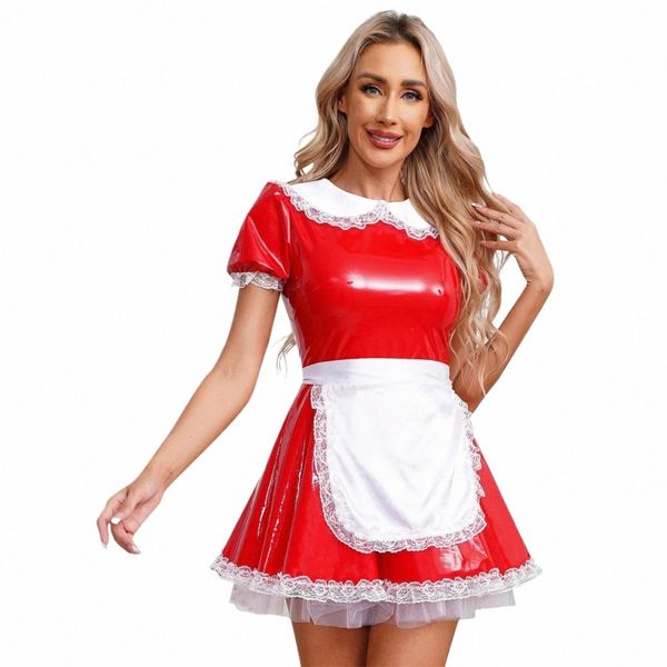 Frauen Erwachsene Französisch Maid Uniform Cosplay Kostüme mit Apr Puppe Kragen Puff Sleeve Rüschen Spitze Patent Leder A-Line Dr 67lr #