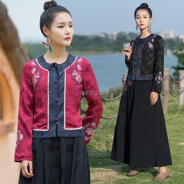 Ethnische Kleidung 2024 Chinesischer Stil Vintage Nationale Blumenstickerei Kurzer Tagesmantel Tang-Anzug Frauen Elegante Hanfu-Tops Retro-Jacke