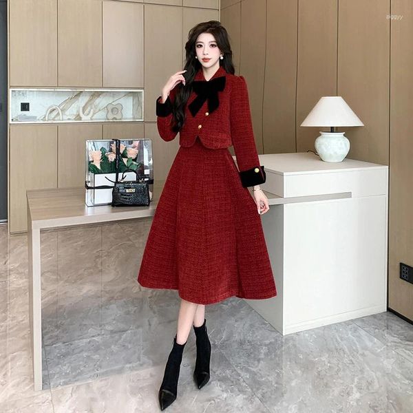 Vestidos de trabalho chique luxo de alta qualidade 2 peça conjunto mulheres tweed lã outono inverno grosso quente arco casaco jaqueta casual festa saias longas ternos