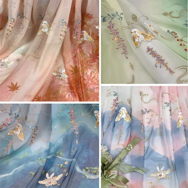 Tecido 1/3/5m estilo antigo gradiente hanfu tecido coelho glicínias impresso chiffon bordado tecido para costura diy traje hanfu vestido