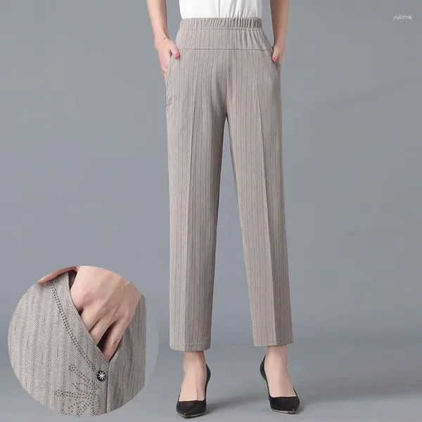 Calças femininas moda feminina casual listrado inserção primavera verão coreano mãe cintura alta elástica solta bolsos cinza lápis calças