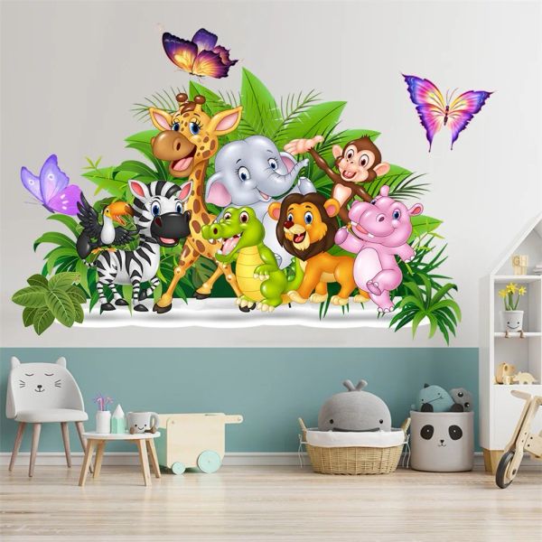 Adesivos grandes animais da floresta bonitos adesivos de parede para crianças meninos meninas decoração do quarto do bebê elefante girafa macaco borboleta papel de parede