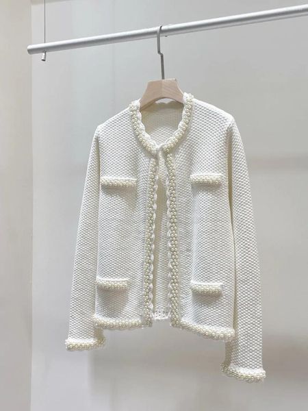 Maglieria da donna Design Moda donna Bianco Perline fatto a mano Cardigan a maniche lunghe Cappotto Elegante Lady All Match O-Collo Giacca Maglione Scialle Top