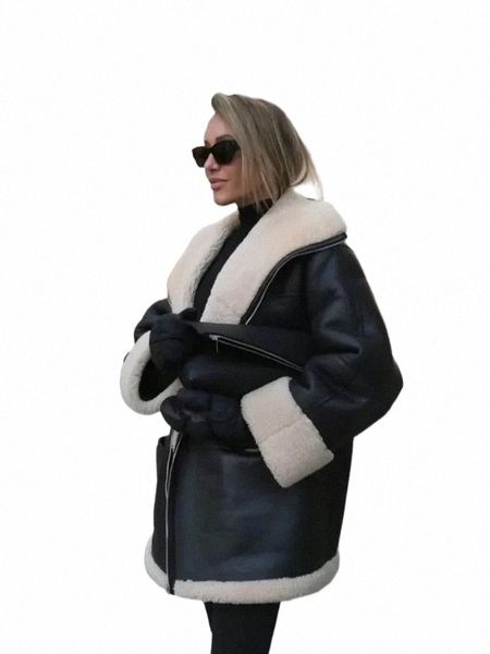 Fi caldo cappotto di pelliccia di pelle donna inverno manica Lg Chic risvolti cappotti donna strada nero motore Lady Bike Jacket h8Xo #
