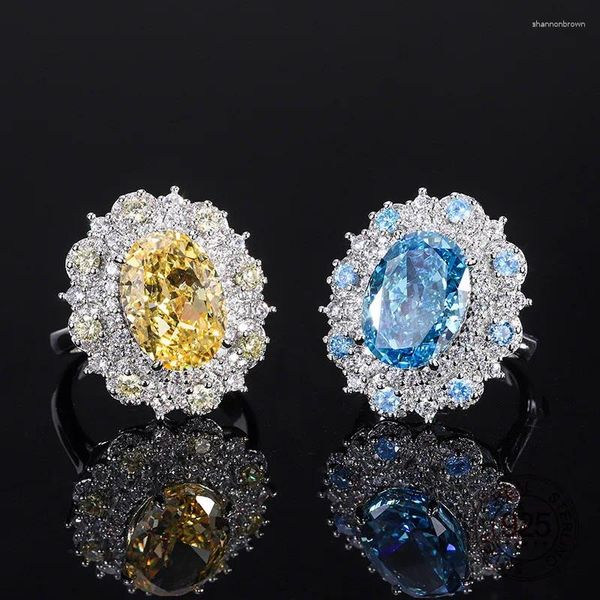Anéis de cluster Luxo 925 Sterling Silver Amarelo Aquamarine Esmagado Corte Alto Carban Diamante Gemstone Mulheres Anel de Dedo