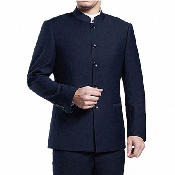 Clássico Men Busin Chinês Mountain Suit Suit Set 2 peças de alta qualidade festa de casamento Dr Set Black Navy Wine Red Suit + calça Z1vV #