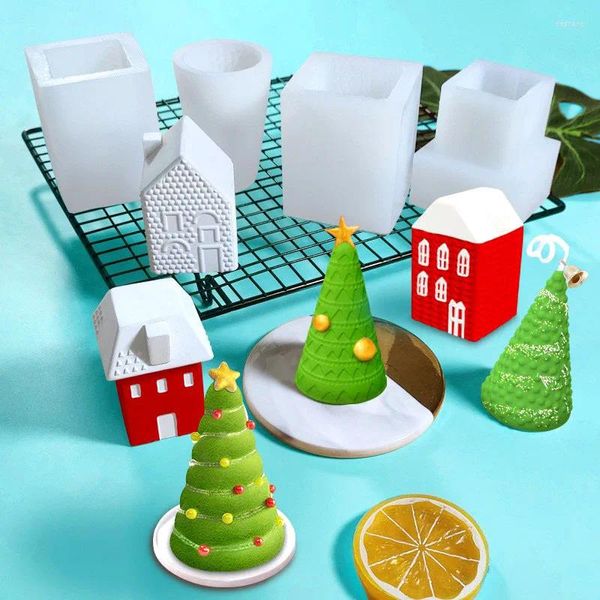 Stampi da forno Stampo per cioccolato natalizio 3D Albero Casa di neve Gesso in silicone Candela Sapone Stampo epossidico Accessori per la decorazione della torta