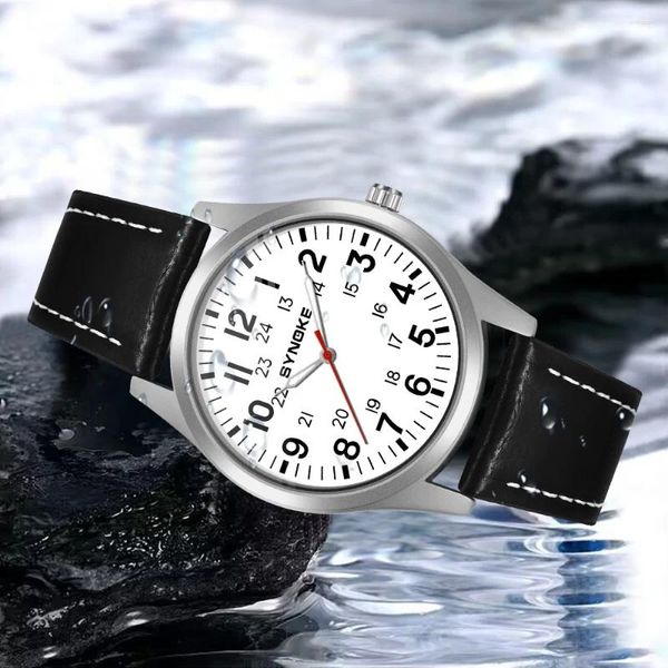 Relógios de pulso SYNOKE masculino 'fácil de ler' quartzo preto casual relógio liga caso pulseira de couro
