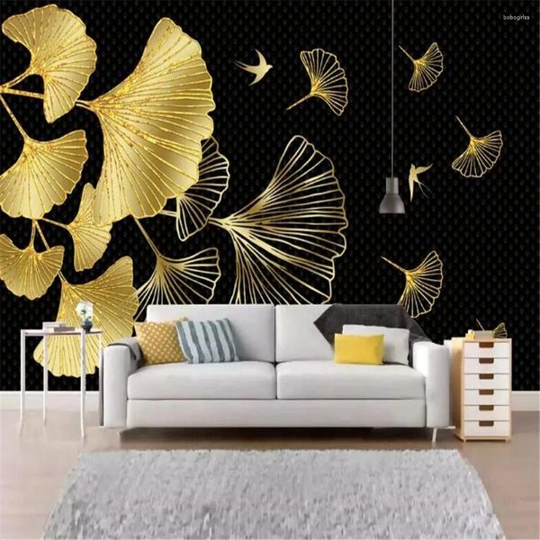 Papéis de parede Milofi Light Luxury High End Atmosférico Golden Ginkgo Leaf Background Wall
