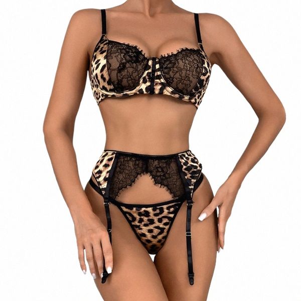 Koltailace Leopard Lingerie Sexy Lace Patchwork Balcette Bra Kit Push Up 3 peças Bilizna Set Sensual Briefs Seaml Underwear R4CA #