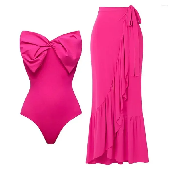 Damenbadebekleidung Solide Bogenband Einteilige Frauen 2024 Luxus Designer Marke Sexy Hohe Taille Farbe Badeanzug Cover Up Strandrock