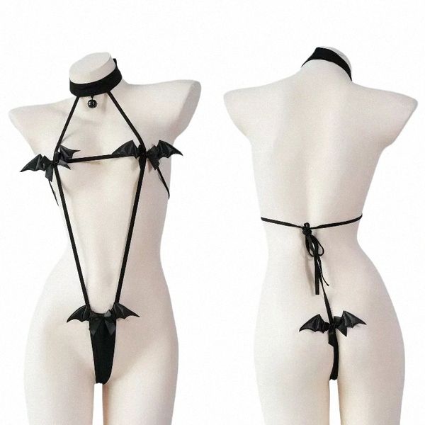 Biquíni sexy listrado cintas lingerie cosplay morcego preto mini biquíni trajes eróticos conjunto l7gG #