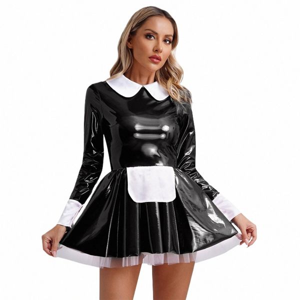 Womens Satin Apr Tulle Underskirt A-Line Maid Cosplay Dr Halen ClubwearPatent Leather Sweet Lolita Maid Cosplay Costume L9ct #