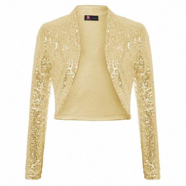 Frauen Mäntel Pailletten Bolero Shrug Lg Sleeve Open Frt Sparking Pailletten Fi Vintage Slim Solide Herbst Dame Tops Weibliche Neue Y9Bc #