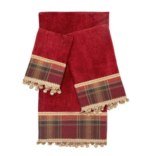 Conjunto de toalhas decorativas de 3 peças em xadrez clássico vermelho Austin Horn com fita de tecido jacquard e borda de borla de gimpball, incluindo 1 lenço de banho, toalha pontiaguda,
