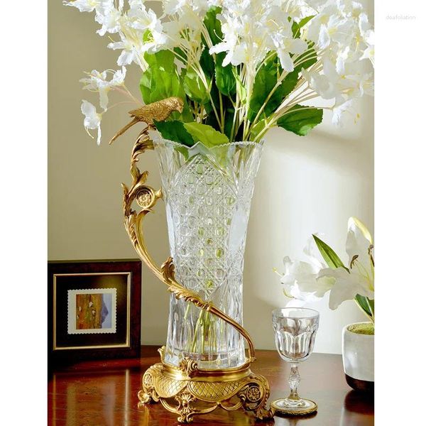 Vasos de luxo decoração de casa mesa de cristal com latão cobre pássaro estátua jar vaso de flor para decoração