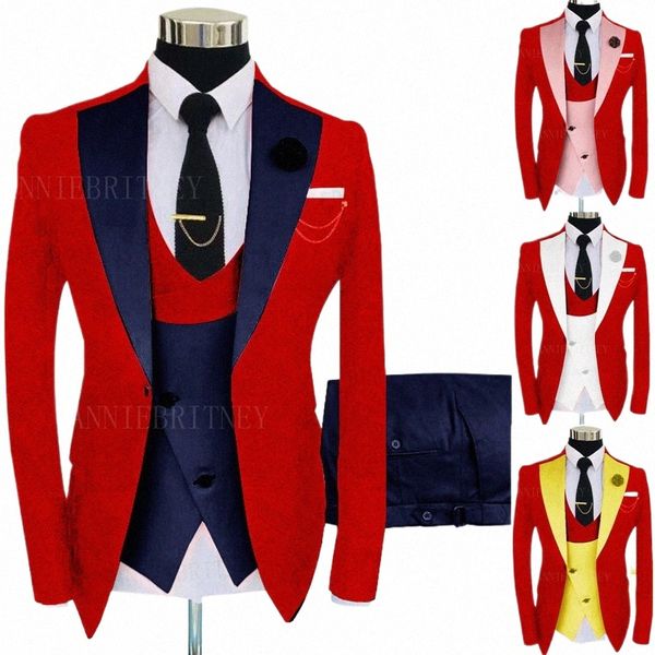 Jacquard Red Suit Uomo 3 pezzi Custom Groom Wedding Tuxedo Slim Fit Prom Party Blazer Giacca doppio petto Gilet Pantaloni Set n3XK #