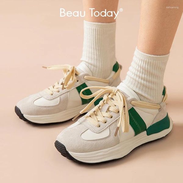 Sapatos casuais BeauToday Chunky Sneakers Mulheres Sheepskin Patchwork Pig Suede Lace-Up Round Toe Vulcanized Sole Ladies Trainers Handmade 29158