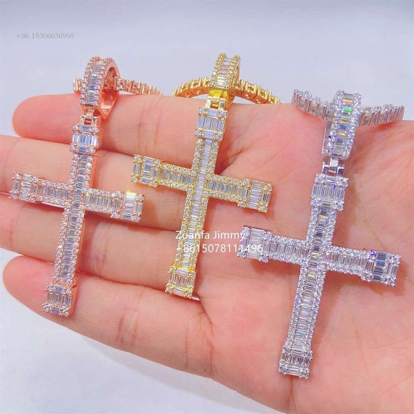 Passe testador vvs baguette jóias de diamante hip hop gelado para fora das mulheres dos homens cristão jesus branco amarelo rosa ouro cruz pingente