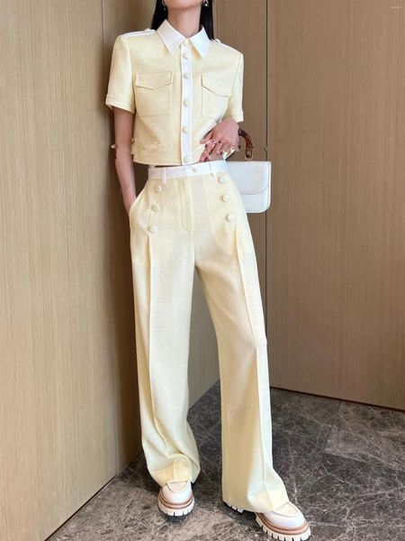 Damenjacken Xiaojingjias gleiches französisches Nischendesign Kontrastfarbe Kurzarm Kleines duftendes Oberteil Weite Beinhose Zweiteiliger Anzug für