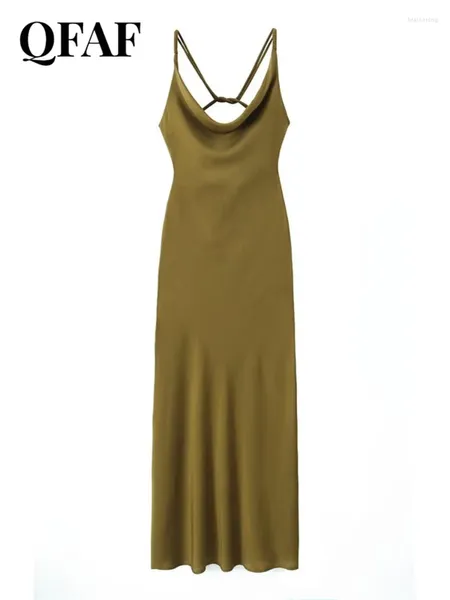 Vestidos Casuais Mulheres Camisole Vestido Cruzado Dupla Cinta Fina Sexy Minimalista Textura De Seda Verde Oliva Voltar Flowy Decote Moda 2024