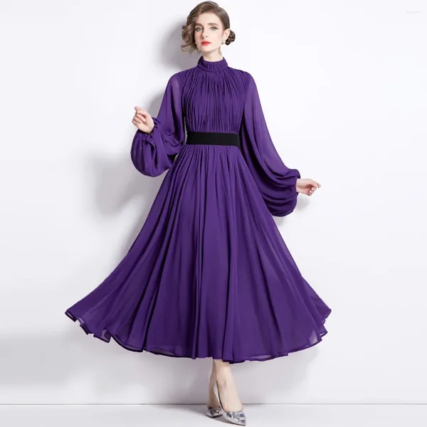 Casual Kleider Vintage Lila Chiffon Patchwork Plissee Maxi Kleid Frauen Stehen Lange Laterne Hülse Lose A-linie Abend Party Robe