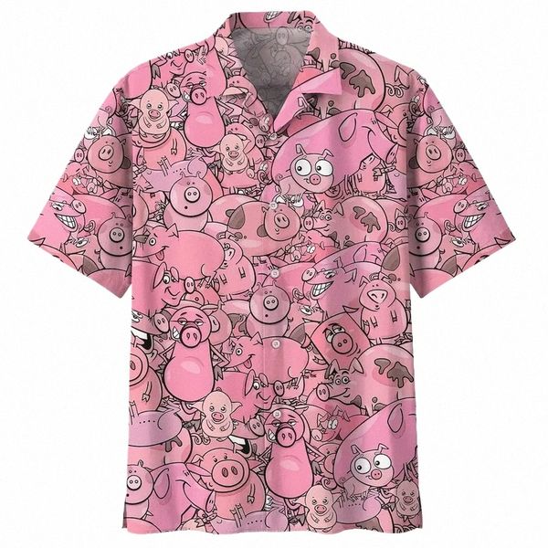 Estilo havaiano 3D Impressão Pink Piglet Verão Casual Solto Camisa de Manga Curta Street Men q8Lu #