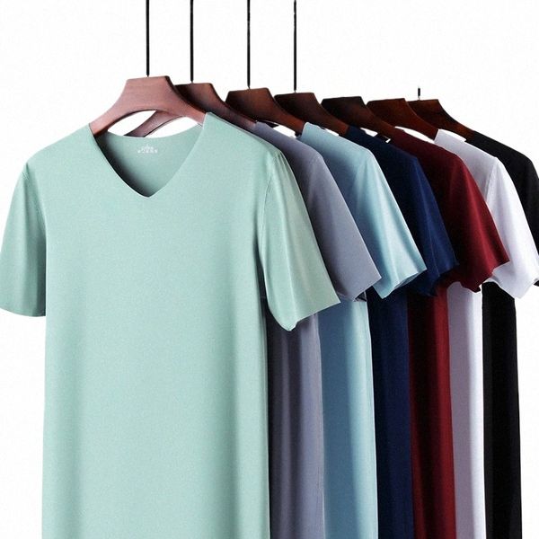 Men's Skinny Undershirt Plus Size Ice Silk Camisas Básicas Respirável V-Neck Seaml T-shirt Roupa Interior Fina Slim Bottoming Shirt O9jg #