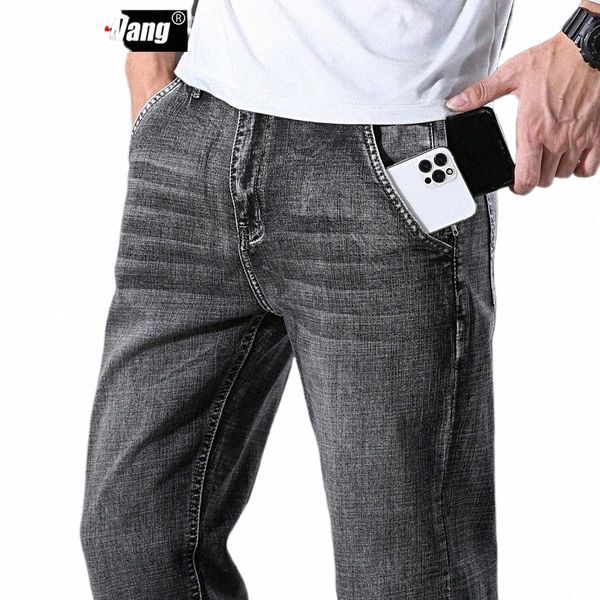 Джинсы с защитой от кражи на молнии и карманами Мужские темно-серые эластичные джинсовые брюки стандартной посадки Fi Повседневные узкие брюки Мужские бренды 22bX #