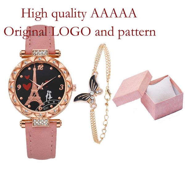 Nova moda feminina PU com Lotus Shell Paris Tower Literal Couple Quartz Watch