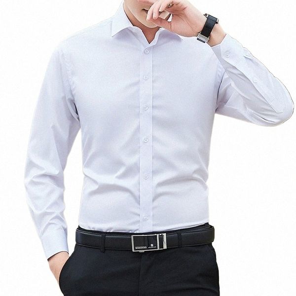 camicia da uomo slim tinta unita manica Lg Busin camicia bianca casual marca maschile di grandi dimensioni stile classico Top C4zU #