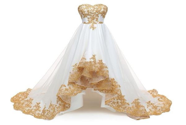Современное белое и золотое свадебное платье с вышивкой Hi Low, свадебное платье, кружевное, в форме сердца, с коротким передом, с длинной спиной, из тюля, со складками, для приема Dre8755534