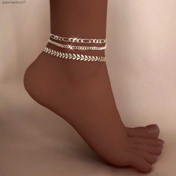 Fußkettchen Modische mehrschichtige Fischgrätenkette aus Gold und Silber, böhmische Sommersandalen, einfaches Knöchelarmband aus Metall, SchmuckL2403