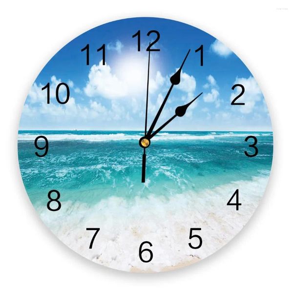 Wanduhren Sonnenschein Strand Meer Welle 3D-Uhr Modernes Design Bauernhaus Dekor Küche Vintage PVC Runde Wohnzimmer Dekoration