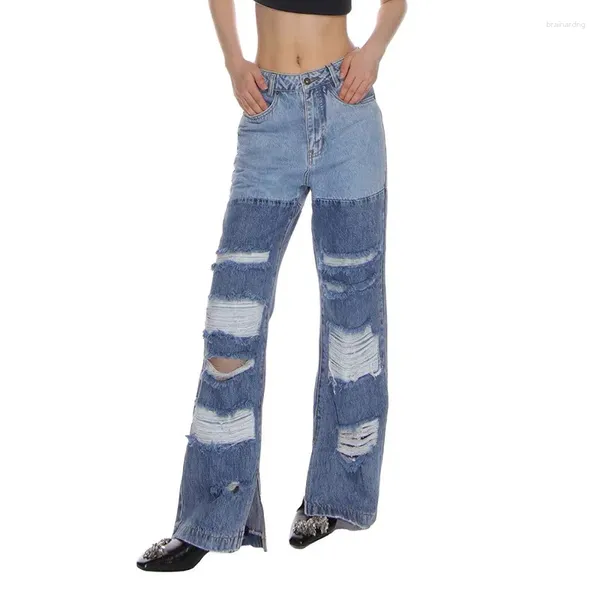 Jeans feminino estilo jeans outono cintura média rasgado emendado casual tubo reto lavagem