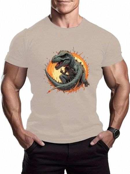 T-shirt com estampa de dinossauro masculina casual estilo rua estiramento em torno do pescoço camiseta para o verão 32PZ #