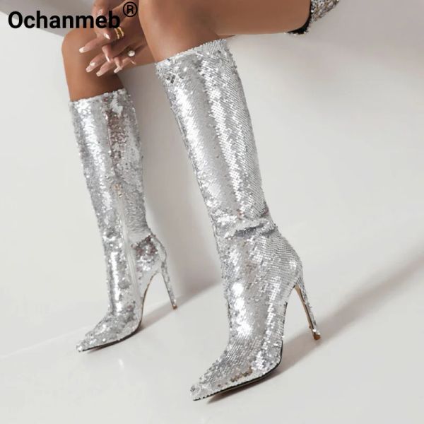 Stiefel Ochanmeb Stiletto High Heeled Silber Pailletten -Stoffkleider Stiefel Frauen speicherte Zeh Reißverschluss Glitter Gold Blue Stiefel Party Schuhe