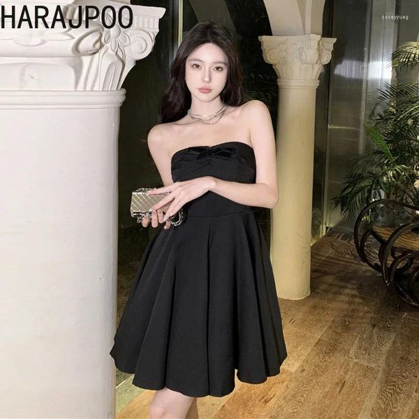 Partykleider Harajpoo Koreanische Mode 2024 Mädchen Süße Luxuriöse Eine Schulter Trägerloses Schwarzes Kleid Hepburn Taille Gebunden Flauschige Frauen Vestidos