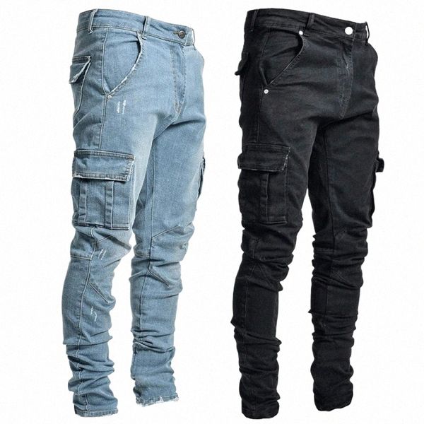 Neue Seitentasche Cargo Stretch Jeans Männer Bleistift Hosen Casual Cott Zerrissene Jeans Distred Loch Fi Solide Dünne Denim Hosen J30S #