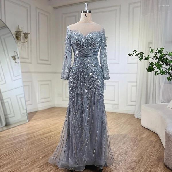 Vestidos de festa sereno colina cinza frisado mangas compridas sereia muçulmano vestidos de noite elegante para casamento feminino 2024 dla72295