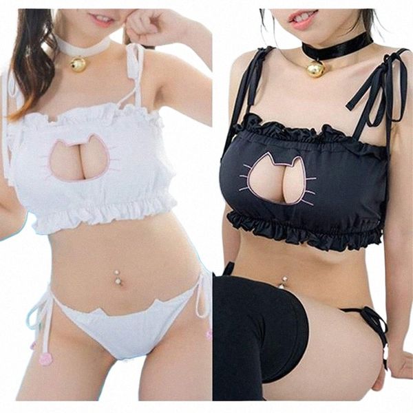 Ragazza Sexy Lingerie Cosplay Cameriera Uniforme Neko Cat Buco della serratura Reggiseno Slip Collare Set Lingerie Biancheria intima Reggiseno Biancheria intima Collo accessori m7TY #