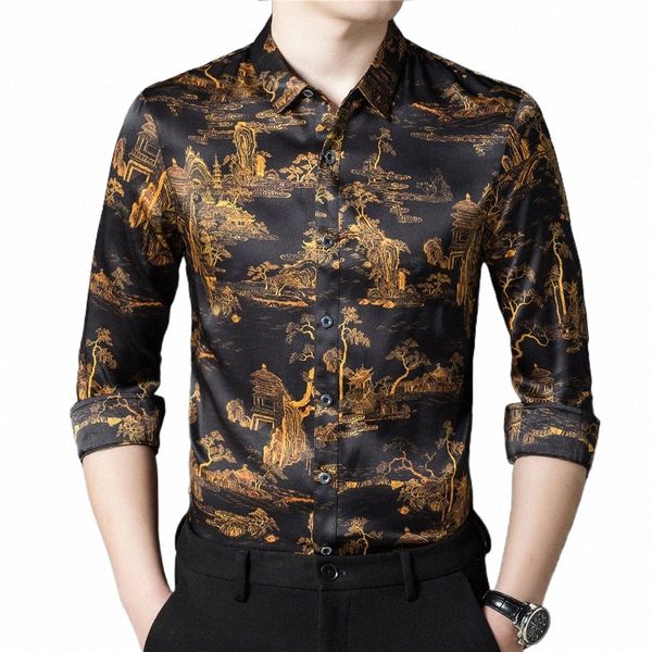 Chinesischen Stil Seide Dr Shirt Männer High-End Lg Hülse Druck Frühling Neue Qualität Glatte Komfortable Vintage Casual Chemise homme 32T7 #