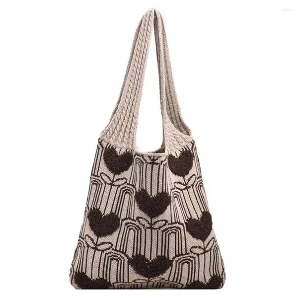 Borse a tracolla Borsa tote da donna all'uncinetto Borsa a tracolla di grande capacità con motivo a cuore Moda intrecciata Versatile lavorata a maglia Shopping Pendolarismo casual