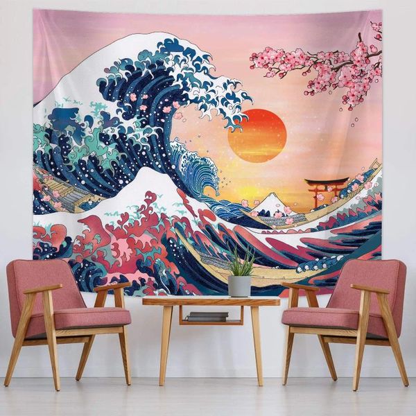 Tapeçarias Grande onda do mar Tapeçaria Asian Anime Mount Red Sun Cherry Blossom Casa Sala de estar Quarto Parede Arte Moderna