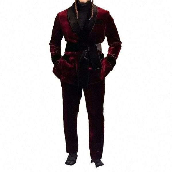 Курительные костюмы для мужчин Burdy Veet Черная шаль с лацканами Свободная двубортная куртка Fi 2 шт. Куртка Брюки Домашняя мужская одежда p6dq #