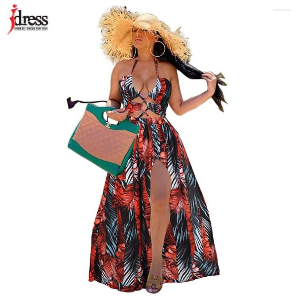 Vestidos casuais idress sexy corte tiras cruzadas sem mangas abertas vestido de volta tropical selva folhas impressão split férias praia verão maxi